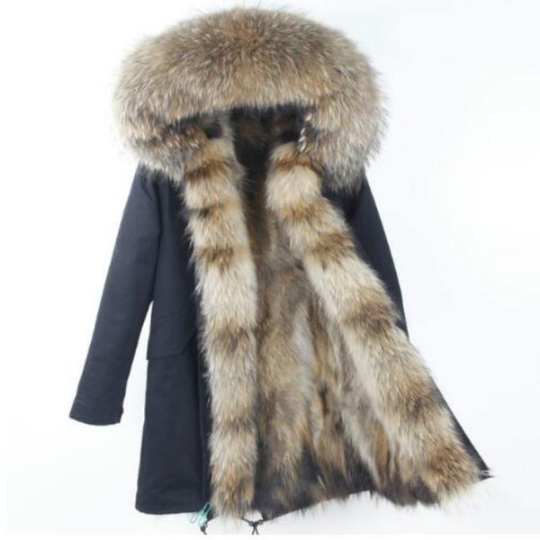 

maomaokong 2017 new natural with raccoon fur collar winter jacket long women fur liner hooded parkas, Black