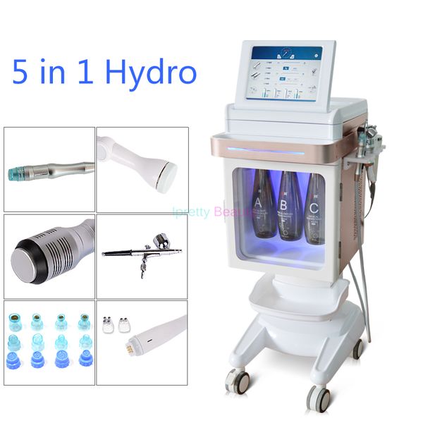 

5 in 1 hydra facial microdermabration machine bio current oxygen spray radiofrequency rf face lift cooling massage hammer hydro facial peel