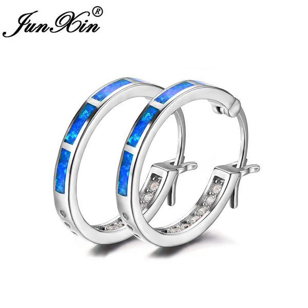 

junxin luxury blue/white fire opal round circle hoop earrings for women 925 sterling silver rainbow birthstone earrings ear0605, Golden;silver