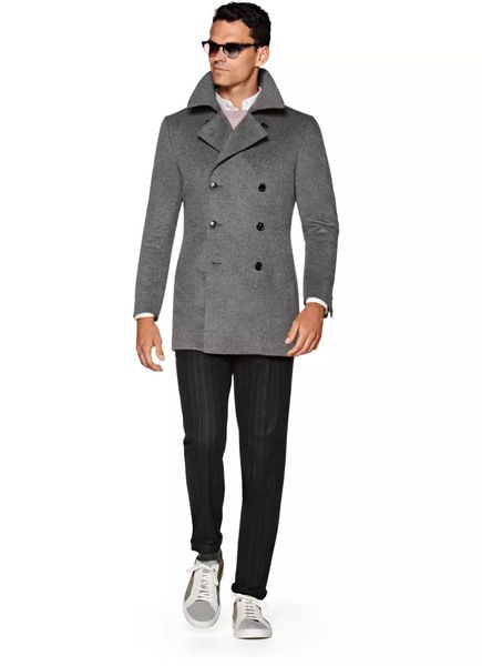 

autumn winter custom made short grey wool coat men turn-down collar wool blend double breasted with belt back cashmere coat, Black
