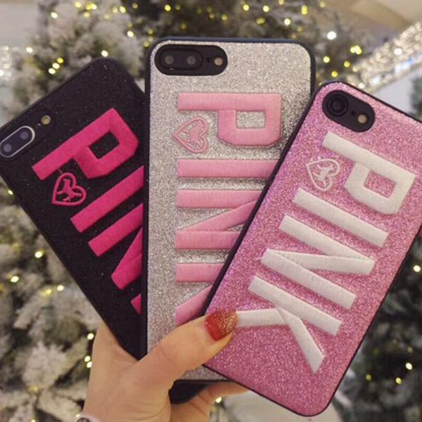 PINK Cover Fashion Design غطاء هاتف بريق ثلاثي الأبعاد للتطريز Love Pink لأجهزة iPhone XS ، iPhone XR Xmas iPhone 8 لـ Samsung S9 S9 plus 9+