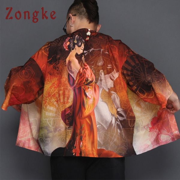 

zongke chinese kimono cardigan men beauty print long kimono cardigan men summer red robe male thin jacket coat 2018, Black;brown