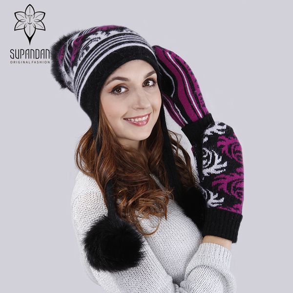 

supandan knitted ear cuff hat scarf gloves set women caps double warm fur poms new christmas wool feminino beanies 8489hu7, Blue;gray