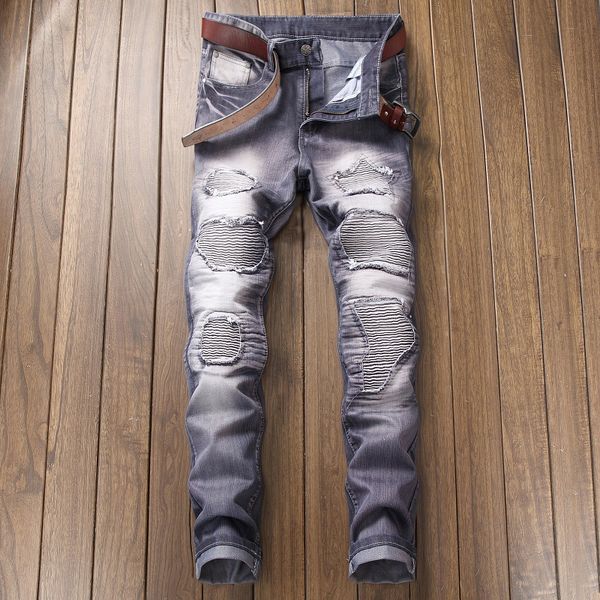 

men's jeans locomotive pants breaking holes fashion skinny big break hole male jeans, fashion foreign trade trend locomotive cowboy mal, Blue