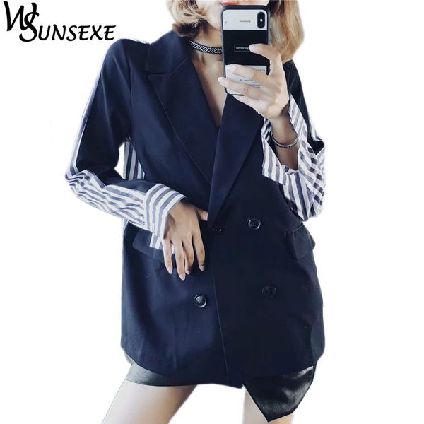 

2018 autumn stripe spliced blazer fashion long sleeve double breasted for women new streetwear parkas female casual blazers coat, White;black