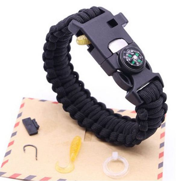 

marc multifunctional compass whistle fishing equipment paracord braided rope bracelets for men outdoor survival camping bracelet, Black