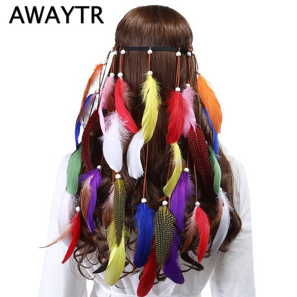 

awaytr fashion new boho bohemian women headband feather headdress peacock feather headbands hair accessories for women