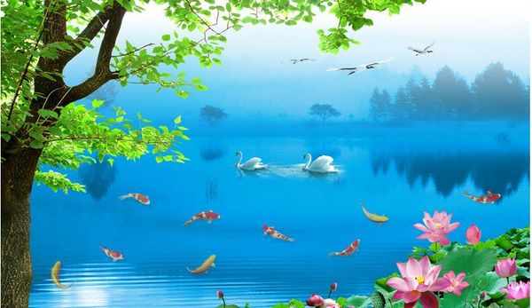 

custom 3d mural wallpaper hd psd layered tv background wall of swan lake art mural for living room large painting home decor