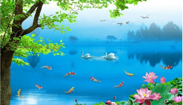 Personalizado 3d papel de parede mural hd psd em camadas de fundo tv wall of swan lago art mural para sala de estar grande pintura home decor