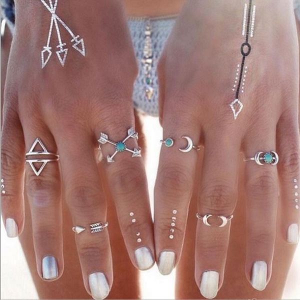 

6pcs/lot retro exaggerated ring geometric moon arrows for women midi finger knuckle rings ring set, Golden;silver