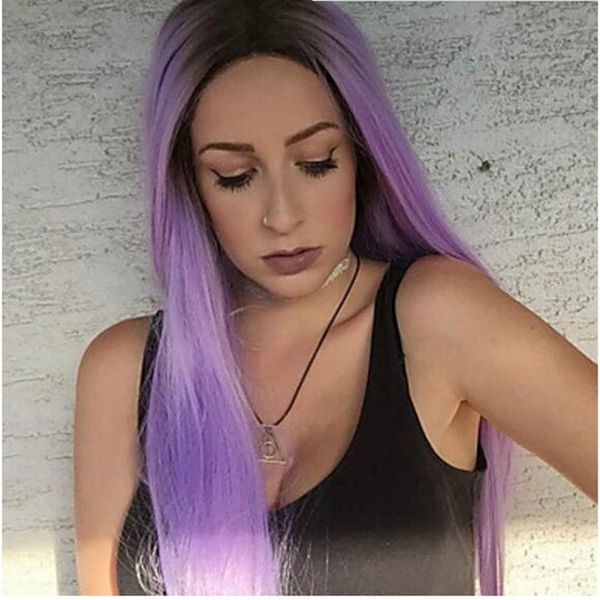 Fashion Sexy Ombre Purple Long Silky Straight Lace Front Wigs Heat