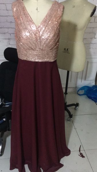 

real ps a-line v-neck long burgundy sequined rose gold bridesmaid dresses floor length sleeveless maxi dress for wedding party dresses, Red;white