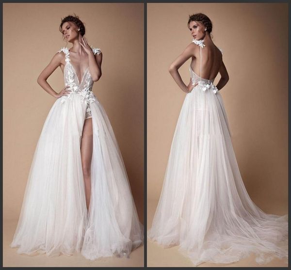 

2019 новые богемные кружевные свадебные платья berta 3d аппликация a-line глубокий v-образный вырез пляжные свадебные платья трапециевидный, White