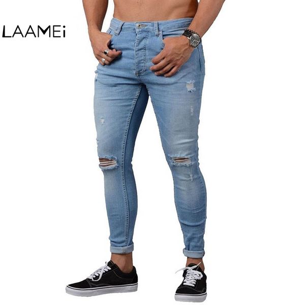 

laamei 2018 fashion hole jeans men straight denim pants ankle-length hole jeans worn pants summer trousers plus size, Blue