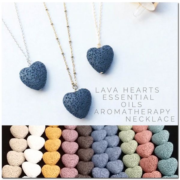 

2018 heart lava-rock bead long volcano necklace aromatherapy essential oil diffuser necklaces black lava pendant jewelry, Silver