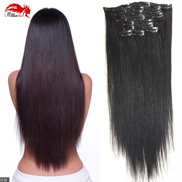 

double weft 100% remy human hair clip in extensions 10''-26'' grade 7a quality full head thick long soft silky straight, Black