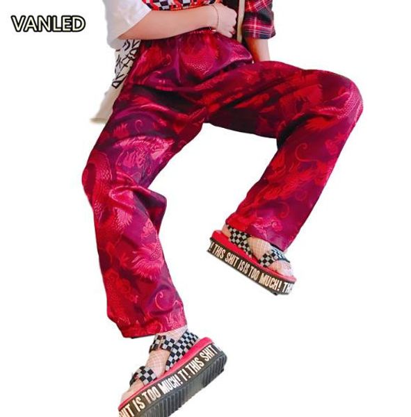 

chinese style dragon embroidery vintage autumn wide leg pants men women trouser, Black;white