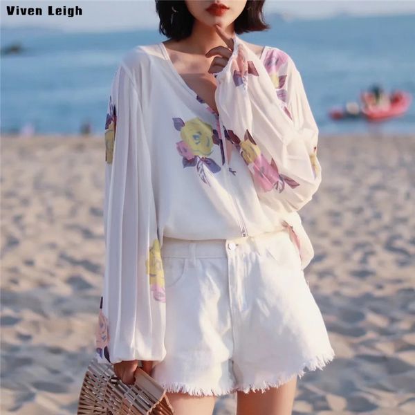 

viven leigh beach blouse femme 2018 summer floral print perspective sunscreen shirt & striped lining 2 pieces women clothing top, White