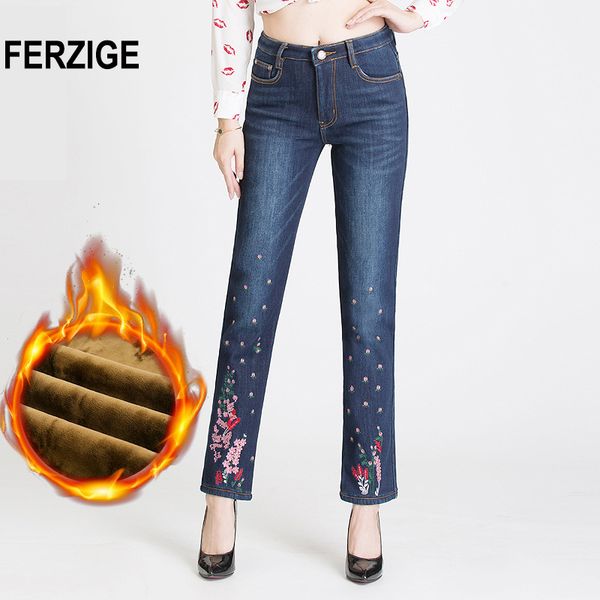 

ferzige winter jeans women heat insulated thick warm jean for girls high waist straight slim fit trousers embroidered woman pant, Blue