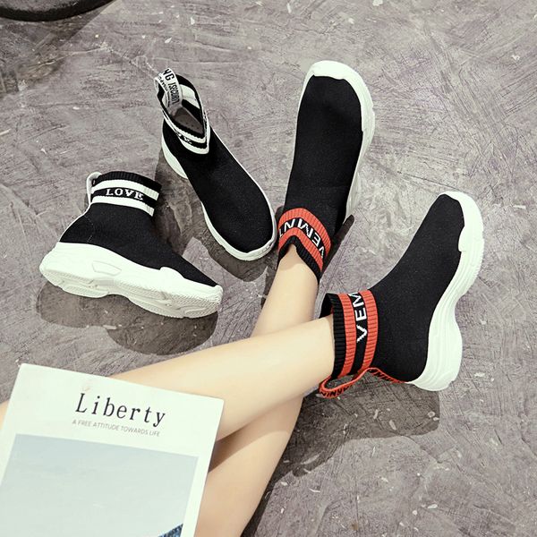 

sock boot fashion woman ankle boot stretch fabric short soft thick bottom student boots mujer single street dance shoes, Black