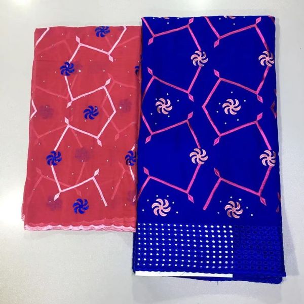 

5Yards Wonderful royal blue african mesh cotton fabric embroidery and 2Yards fuchsia scarf french net lace set for dress HS2-2