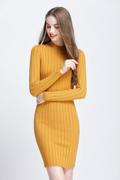 

2018autumn winter new warm women sweater dress fashion long sleeve knitwear dress elegant bodycon slim dress black white yellow grey, White;black