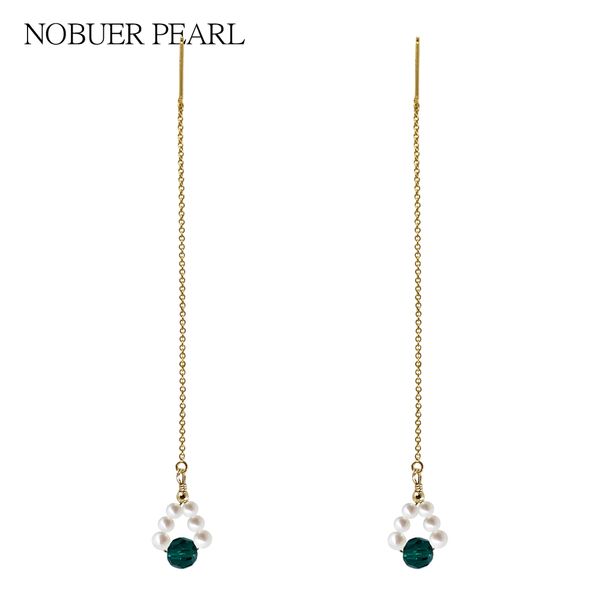 

nobuer handmade 100mm 14k gold real pearl drop earrings for women with green accessories 3-3.5mm bright rounded pearls, Golden;silver