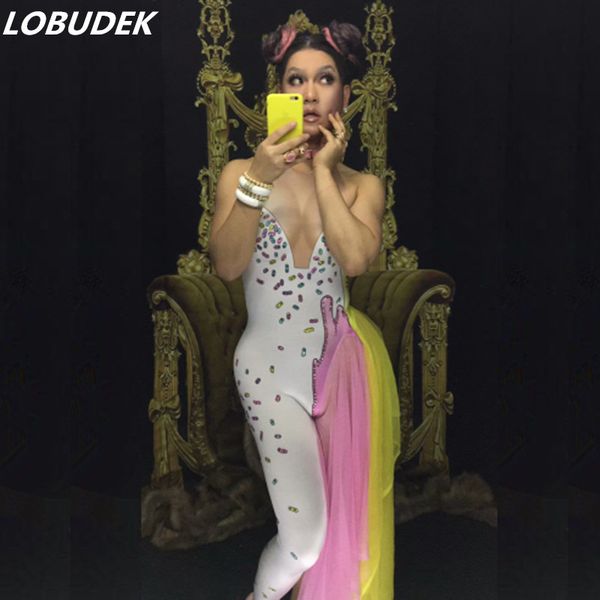 

female costume crystals jumpsuit bodysuit colorful stone outfit cute skirt singer dancer nightclub stag party bar show, Black;white