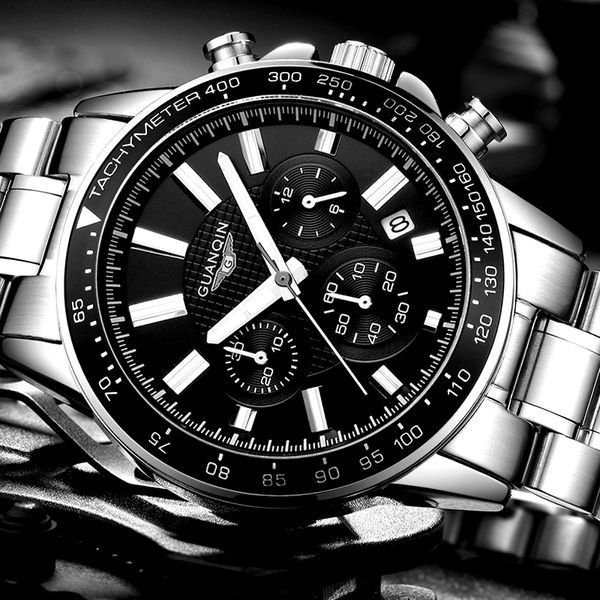 

relogio masculino guanqin mens watches business stainless steel quartz watch men sport waterproof wristwatch, Slivery;brown
