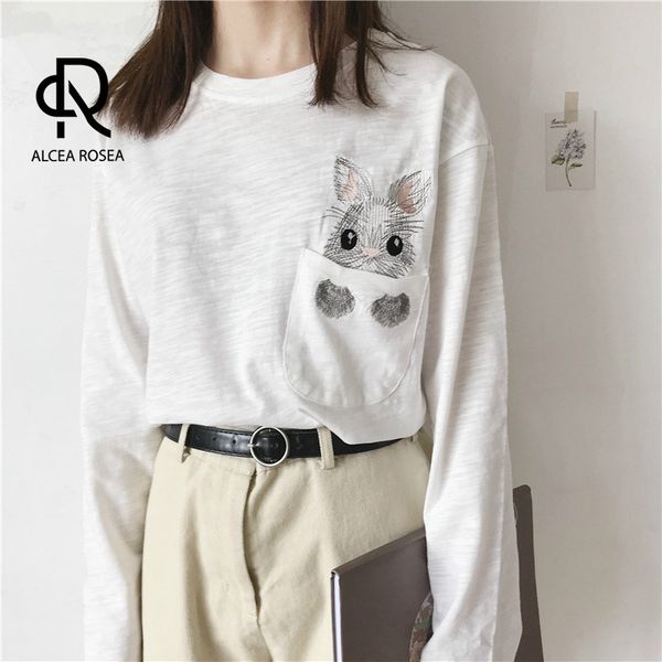 

alcea rosea long sleeve thin t-shirt for women spring autumn and winter cotton t-shirt round collar embroidery cartoon ar799, White