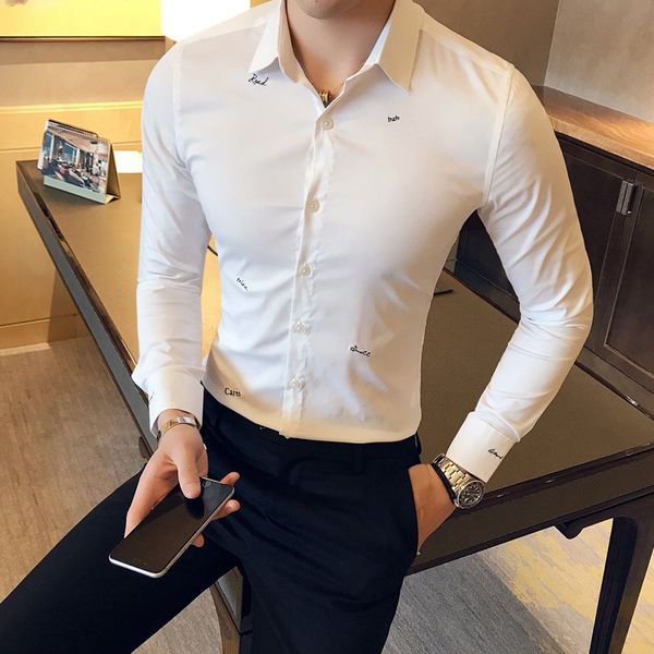 

dekusi english letter embroidery long sleeve lining shirt pure color chemise homme casual dress camisa male, White;black