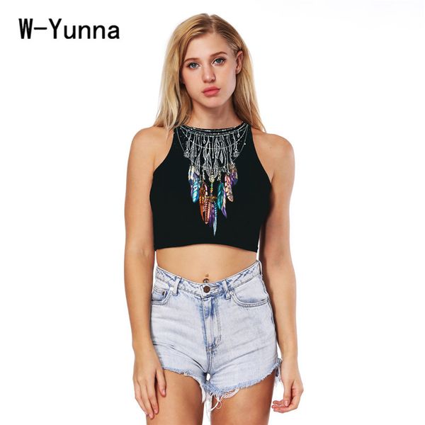 

w-yunna 2018 selling tanks camisole fitness clothing women feather 3d print fashion boho beachwear crop femme, White