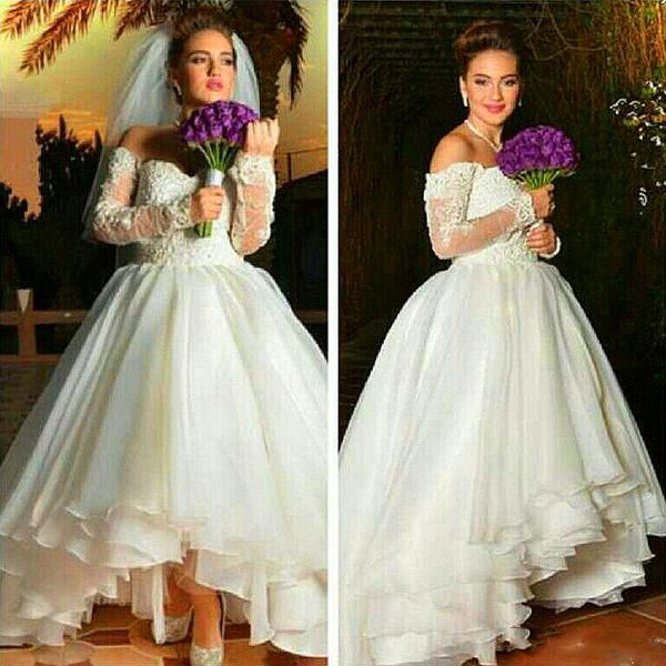 

chic long sleeve wedding dresses high low organza off the shoulder lace applique beads ruffles short front long back plus size, White