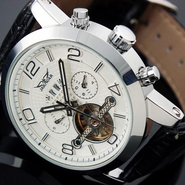 

luxury black dial auto 6 hands date day tourbillion analog stainless full steel band wrist dress mens mechanical watch, Slivery;brown