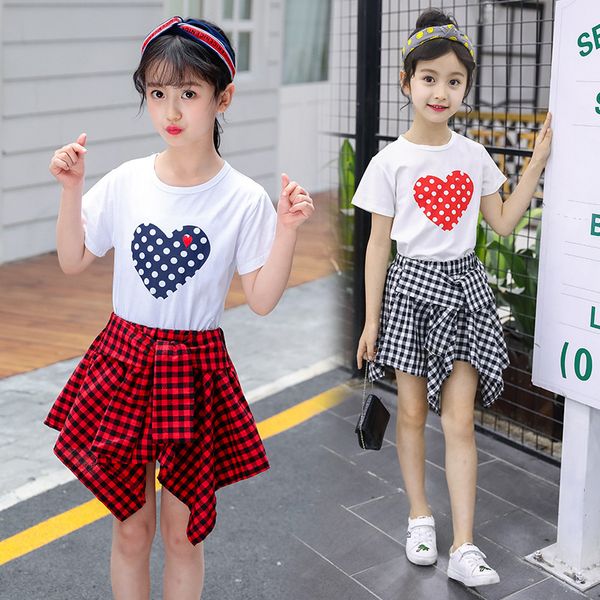 

children clothing girls 2018 summer 2pcs sets casual heart dot cotton t-shirts & plaid skirts kids baby girl clothes suits, White