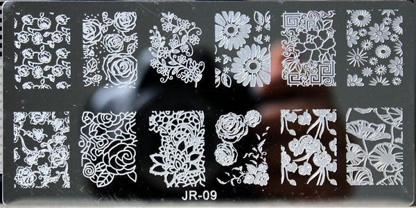 

1pcs jr-09 new 2018 summer lace flower nail stamping plates 12x6cm stainless steel nail art stamp plate templates manicure tools, White