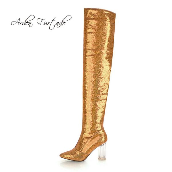 

arden furtado 2018 autumn winter glitter sequined cloth pointed toe over the knee boots silver gold women's shoes zipper boots, Black