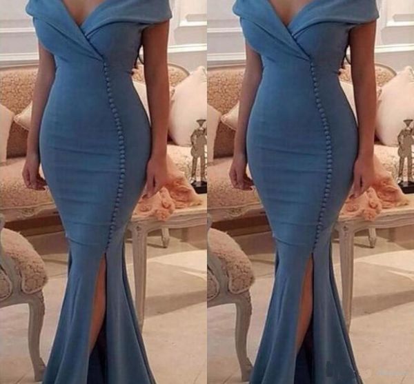 2018 Mermiad Azul escuro Longo Vestidos de Baile Sexy Com Decote Em V Com o Botão de Alta Side Dividir Formal Vestidos de Festa À Noite Barato New Robe De Soiree