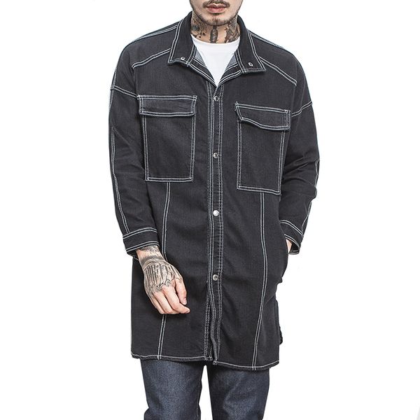 

2018 fashion men solid color single breasted trench coat / male casual slim loose long jean denim cloth coat large size 5xl, Black;brown