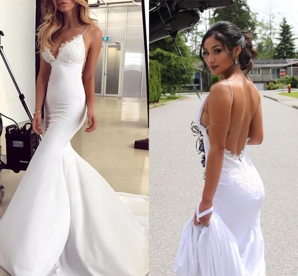

2019 Cheap White Spaghetti Lace Appliques Wedding Dresses Sexy Backless Deep V Neck Mermaid Dress Court Train Gorgeous Bridal Gowns