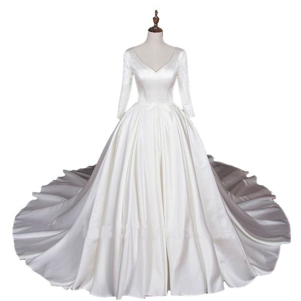 

A-line свадебное платье три четверти рукав V-образным вырезом свадебное бальное платье атласное плюс размер свадебных платьев на заказ