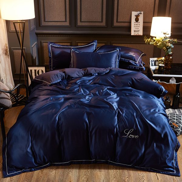 

summer smooth washed silk sheet pillowcase duvet cover set embroidered solid style bedding set home bed decoration
