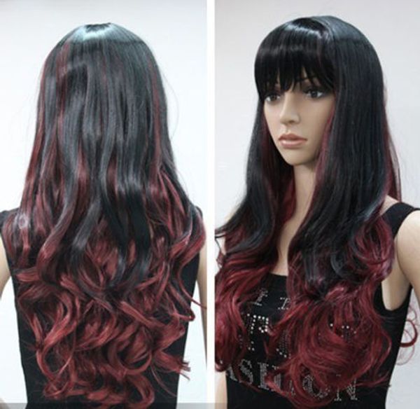 

beautiful new long red mix black wavy cosplay wig party wigs