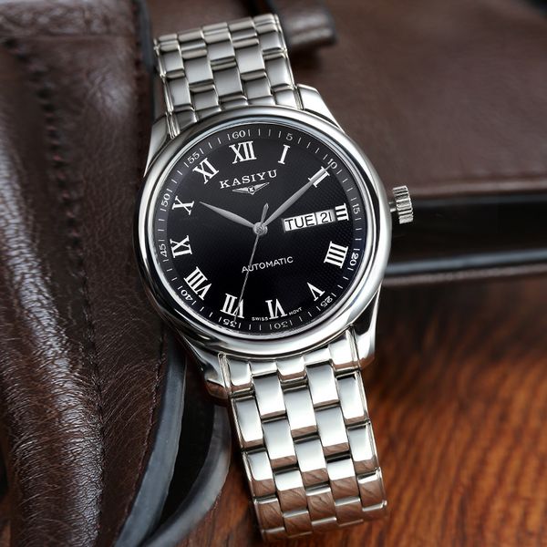 

kasiyu double calendar full automatic mechanical movement precision steel band waterproof classic business men's watch, Slivery;brown
