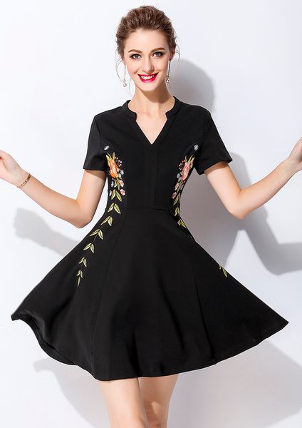 

embroidery women a-line dress short sleeve dresses 0217271, White;black