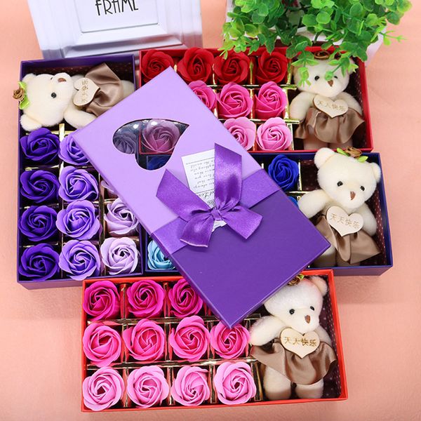 

new romantic scented bath soap rose soap flower petal with little cute teddy bear doll gift box wedding valentine's day 12pcs set