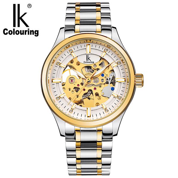 

ik colouring luxury men's gold black hollow skeleton retro stainless steel watch automatic mechanical waterproof clock gift, Slivery;brown