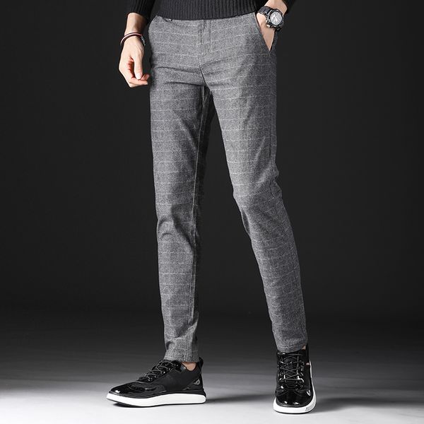 

autumn new teen men fashion casual pants large size 28-40 slim plaid trousers mens small stretch male suit pants, Black