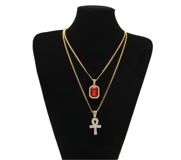 Egiziano Ankh Key of Life Ciondolo croce con strass Bling con collana con ciondolo rubino rosso Set gioielli hip-hop moda uomo per uomo