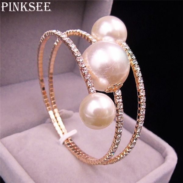 

pinksee charm wild rhinestone imitation pearl multi-layer winding bangles boho bracelet exaggerated jewelry, Black